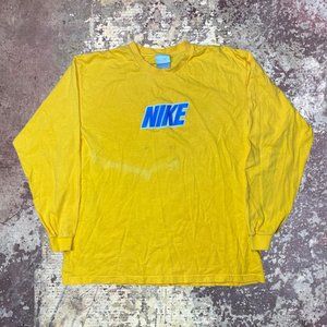 2000s Nike Yellow and Blue Vintage Grey Tag Essentials Long Sleeve T-Shirt Large